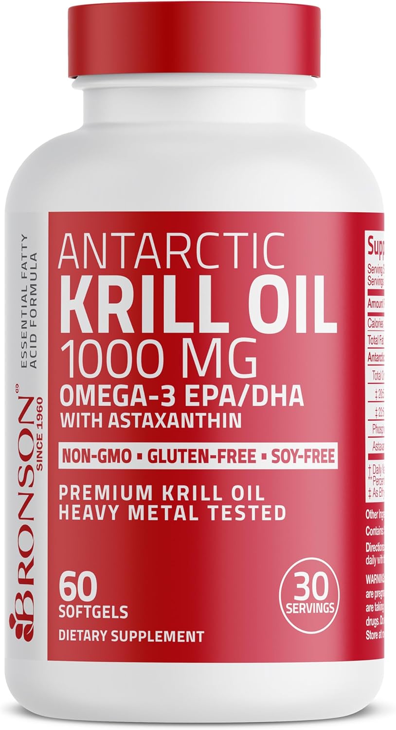 High Potency Bronson Antarctic Krill Oil Softgels with Omega-3s, Astaxanthin, and Phospholipids - 60 Count