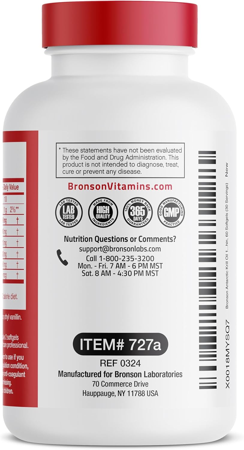 High Potency Bronson Antarctic Krill Oil Softgels with Omega-3s, Astaxanthin, and Phospholipids - 60 Count