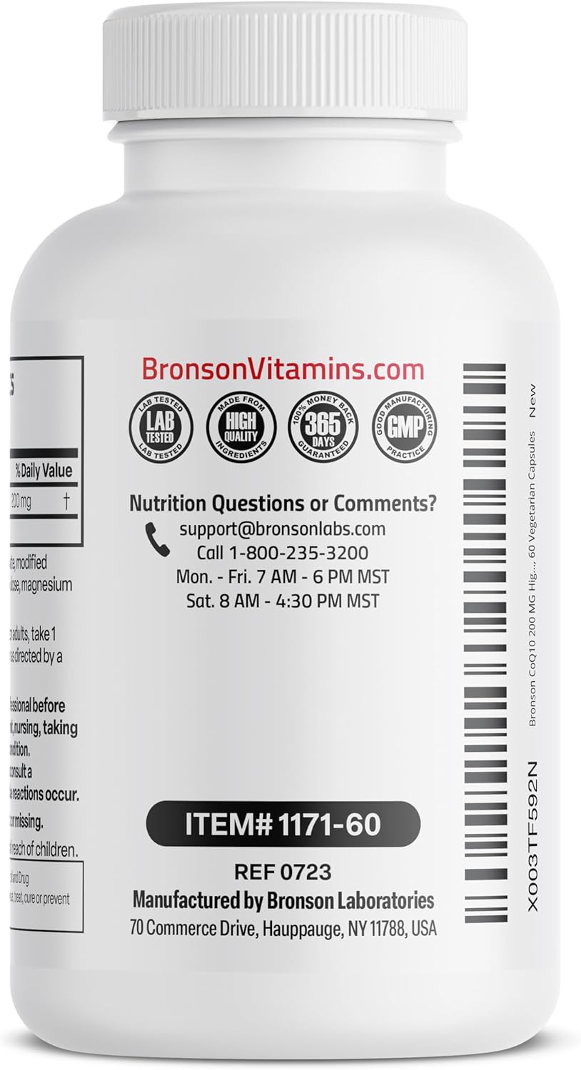 High Potency Bronson CoQ10 200 MG for Cellular Energy Production - 60 Vegetarian Capsules