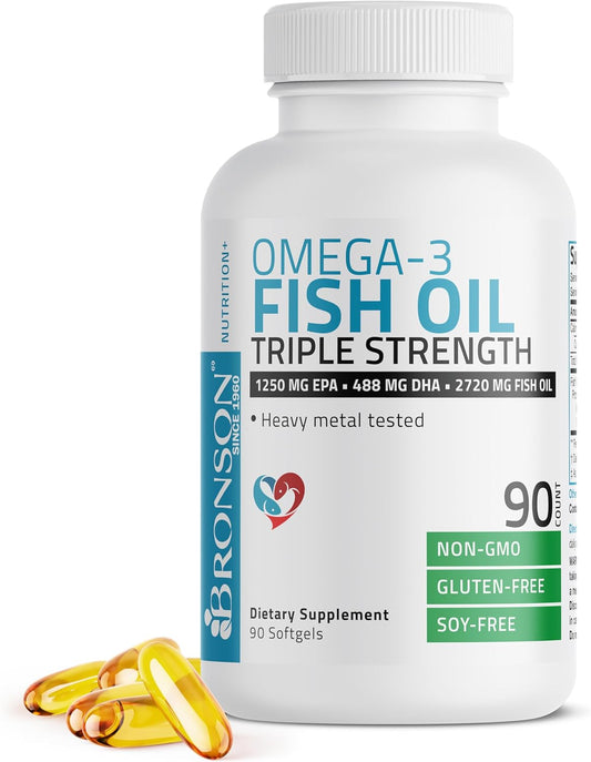 High Potency Bronson Omega-3 Fish Oil Softgels - Triple Strength, 2720 mg, High EPA 1250 mg DHA 488 mg, Non-GMO, Heavy Metal Tested - 90 count