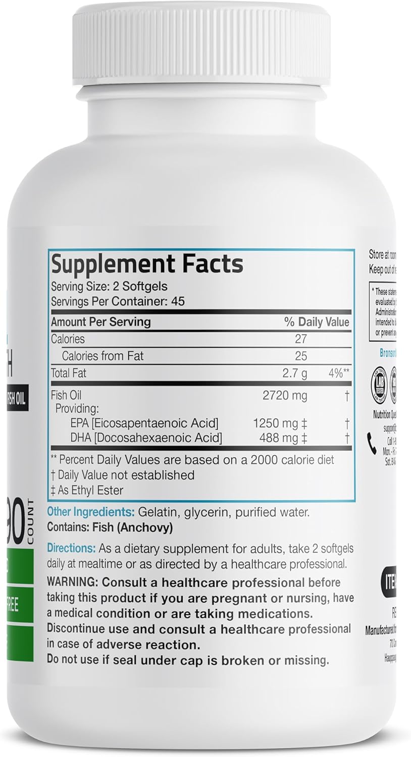 High Potency Bronson Omega-3 Fish Oil Softgels - Triple Strength, 2720 mg, High EPA 1250 mg DHA 488 mg, Non-GMO, Heavy Metal Tested - 90 count