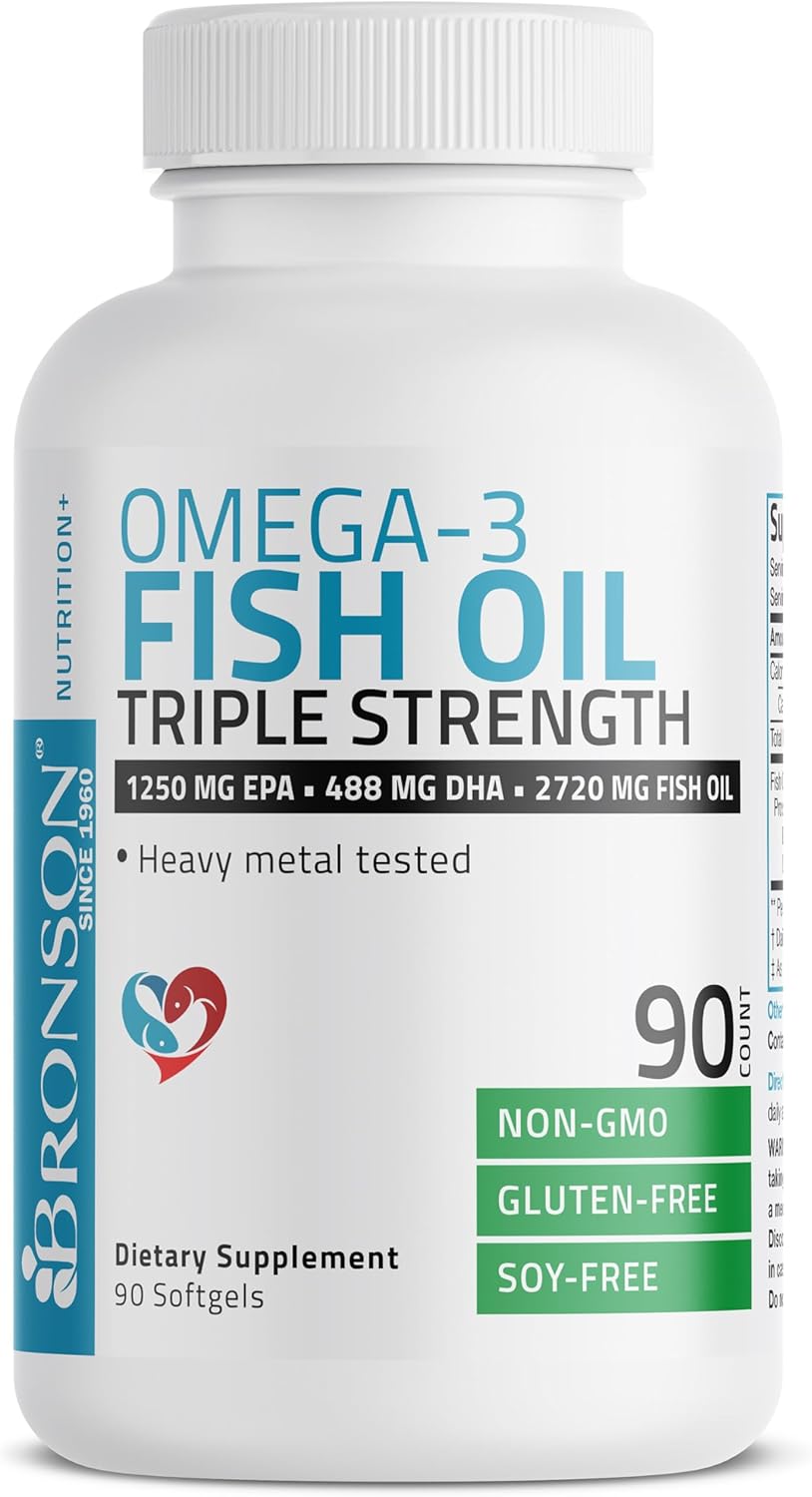 High Potency Bronson Omega-3 Fish Oil Softgels - Triple Strength, 2720 mg, High EPA 1250 mg DHA 488 mg, Non-GMO, Heavy Metal Tested - 90 count
