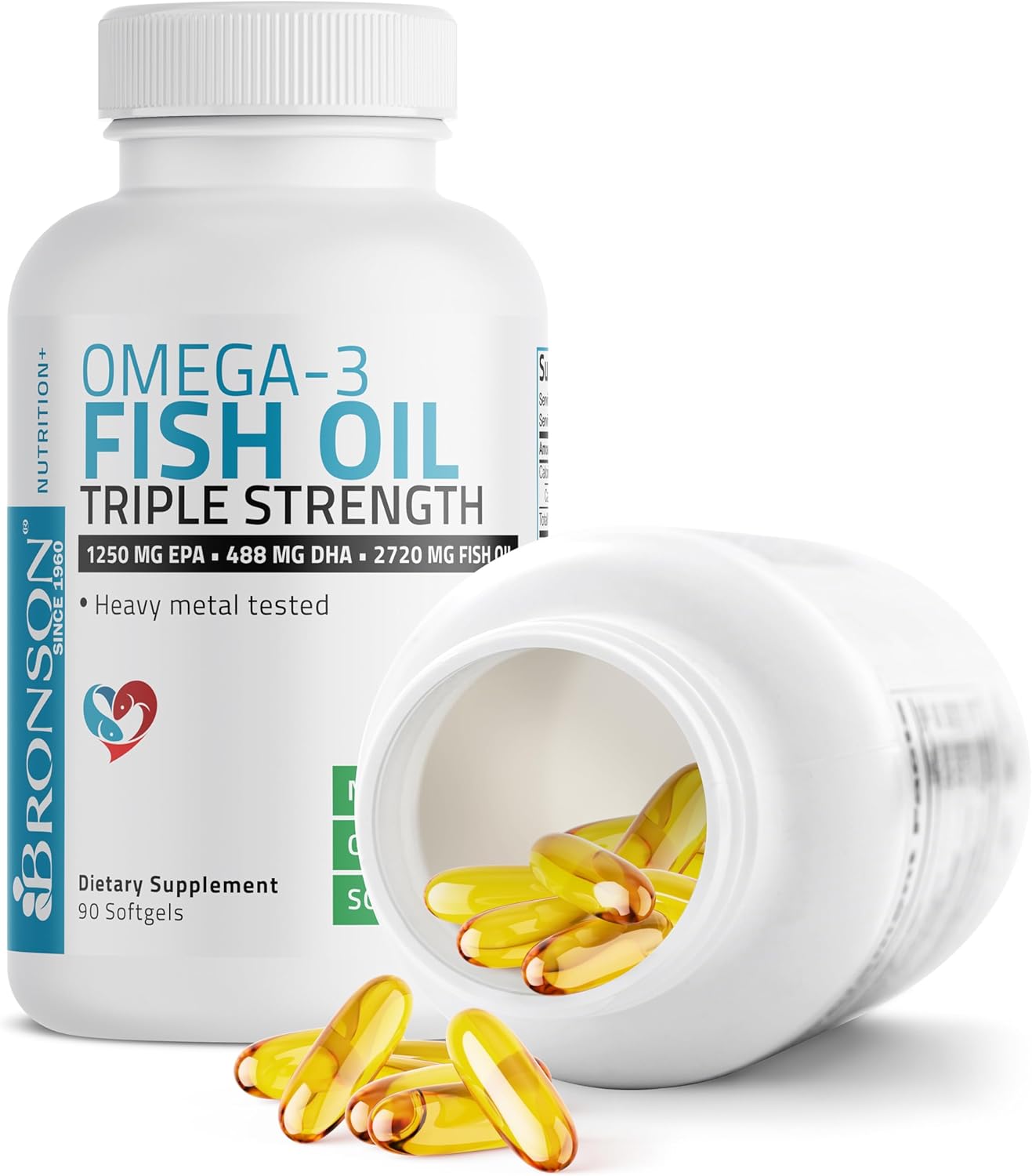 High Potency Bronson Omega-3 Fish Oil Softgels - Triple Strength, 2720 mg, High EPA 1250 mg DHA 488 mg, Non-GMO, Heavy Metal Tested - 90 count