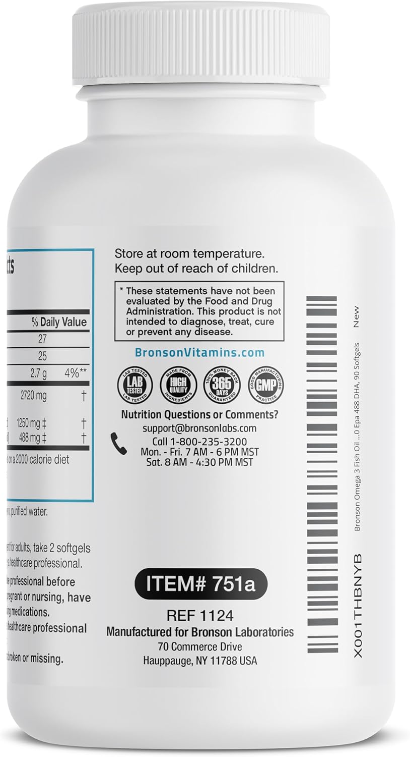 High Potency Bronson Omega-3 Fish Oil Softgels - Triple Strength, 2720 mg, High EPA 1250 mg DHA 488 mg, Non-GMO, Heavy Metal Tested - 90 count