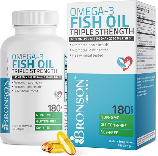 High Potency Bronson Omega-3 Fish Oil Supplement, Triple Strength 2720 mg, EPA 1250 mg DHA 488 mg, Non-GMO, Heavy Metal Tested, 180 Softgels