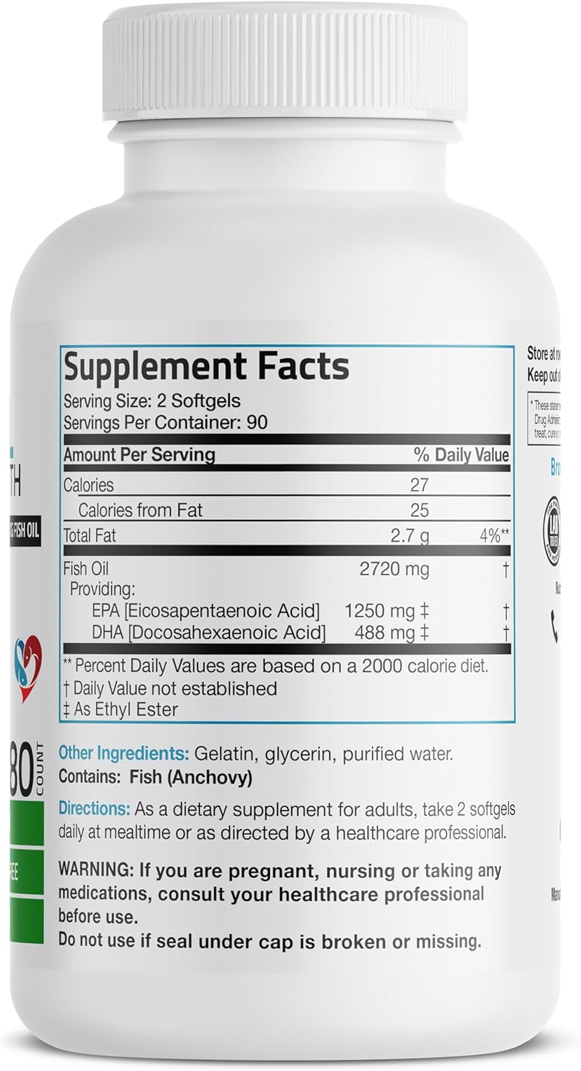 High Potency Bronson Omega-3 Fish Oil Supplement, Triple Strength 2720 mg, EPA 1250 mg DHA 488 mg, Non-GMO, Heavy Metal Tested, 180 Softgels