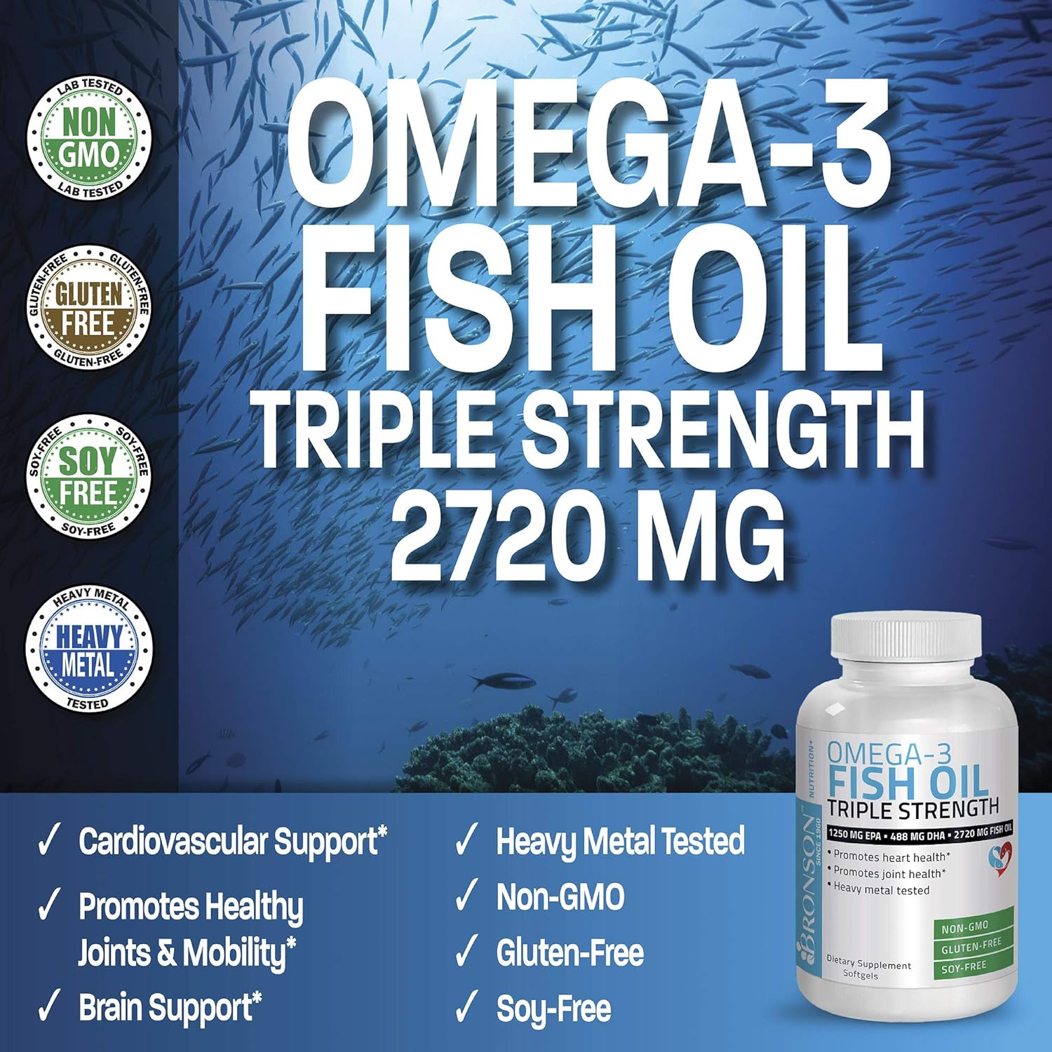 High Potency Bronson Omega-3 Fish Oil Supplement, Triple Strength 2720 mg, EPA 1250 mg DHA 488 mg, Non-GMO, Heavy Metal Tested, 180 Softgels