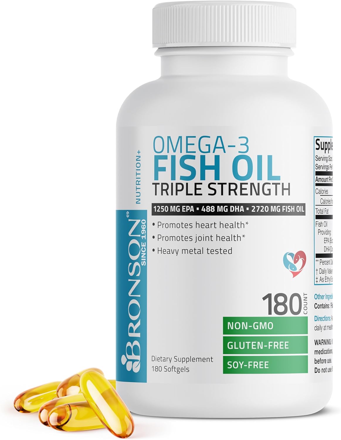 High Potency Bronson Omega-3 Fish Oil Supplement, Triple Strength 2720 mg, EPA 1250 mg DHA 488 mg, Non-GMO, Heavy Metal Tested, 180 Softgels