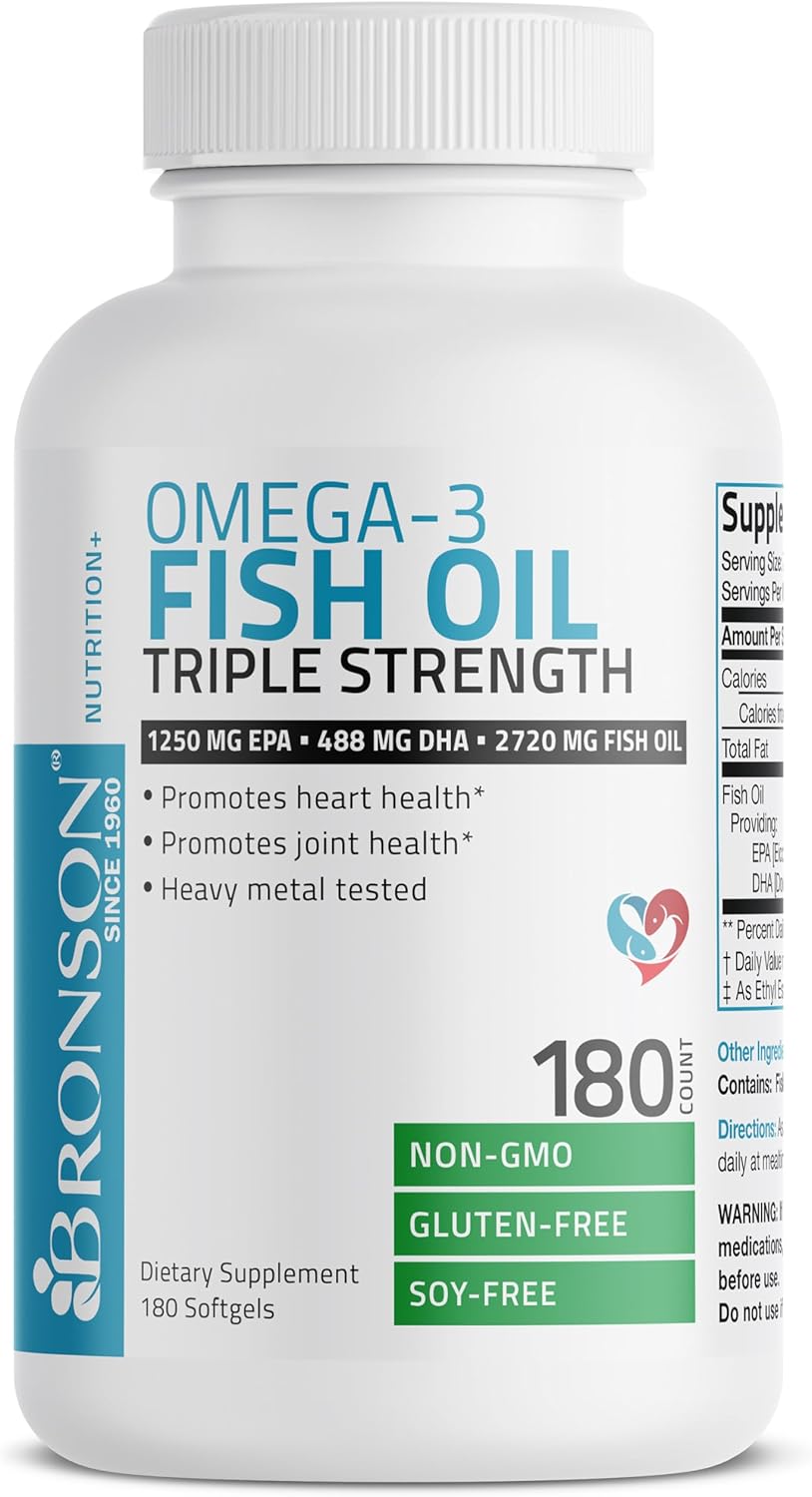 High Potency Bronson Omega-3 Fish Oil Supplement, Triple Strength 2720 mg, EPA 1250 mg DHA 488 mg, Non-GMO, Heavy Metal Tested, 180 Softgels