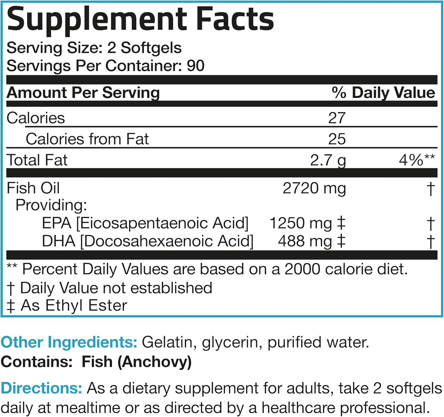 High Potency Bronson Omega-3 Fish Oil Supplement, Triple Strength 2720 mg, EPA 1250 mg DHA 488 mg, Non-GMO, Heavy Metal Tested, 180 Softgels