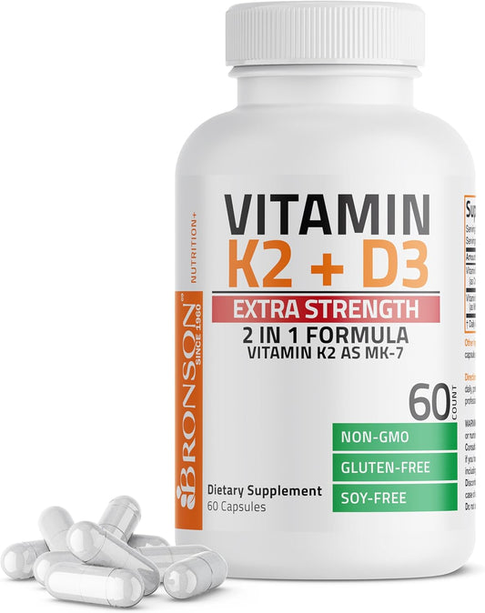 High Potency Bronson Vitamin K2 (MK7) and D3 Bone Health Supplement - Non-GMO Formula with 10,000 IU & 120 mcg MK-7 - 60 Easy-to-Swallow Capsules