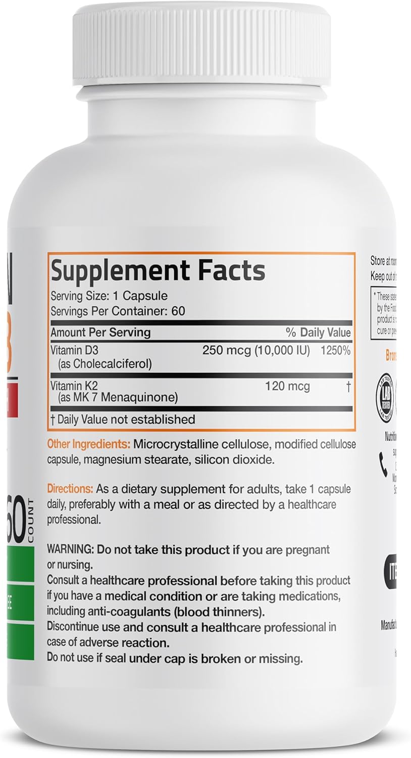 High Potency Bronson Vitamin K2 (MK7) and D3 Bone Health Supplement - Non-GMO Formula with 10,000 IU & 120 mcg MK-7 - 60 Easy-to-Swallow Capsules