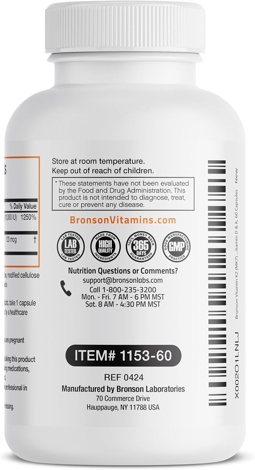 High Potency Bronson Vitamin K2 (MK7) and D3 Bone Health Supplement - Non-GMO Formula with 10,000 IU & 120 mcg MK-7 - 60 Easy-to-Swallow Capsules