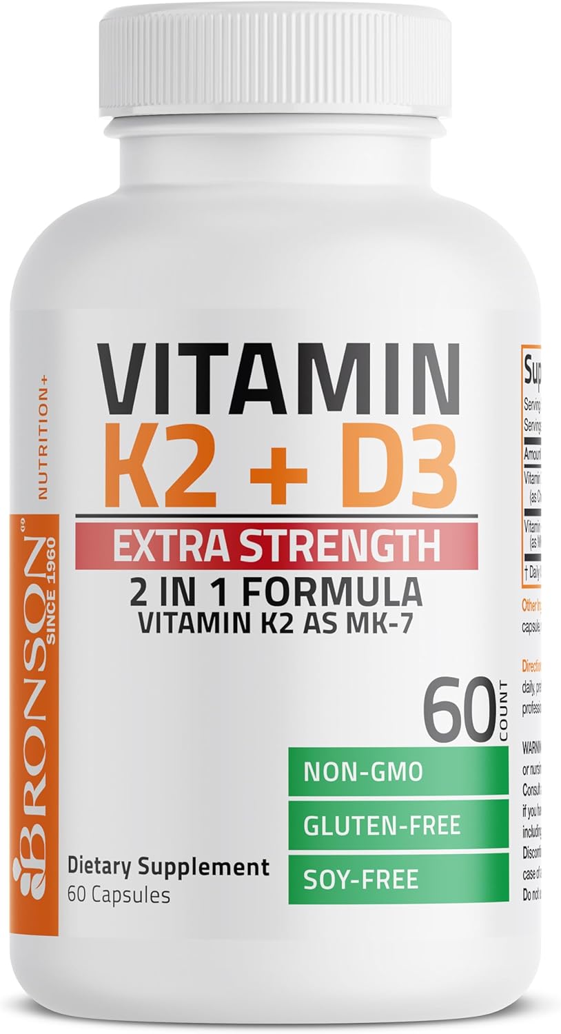 High Potency Bronson Vitamin K2 (MK7) and D3 Bone Health Supplement - Non-GMO Formula with 10,000 IU & 120 mcg MK-7 - 60 Easy-to-Swallow Capsules