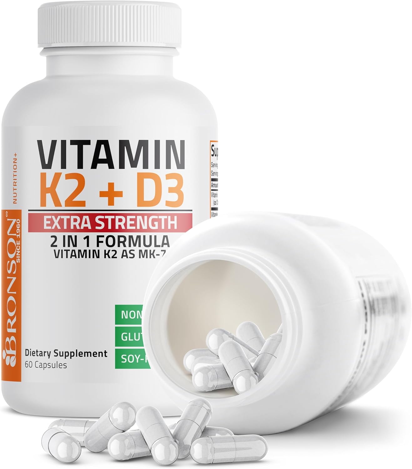 High Potency Bronson Vitamin K2 (MK7) and D3 Bone Health Supplement - Non-GMO Formula with 10,000 IU & 120 mcg MK-7 - 60 Easy-to-Swallow Capsules