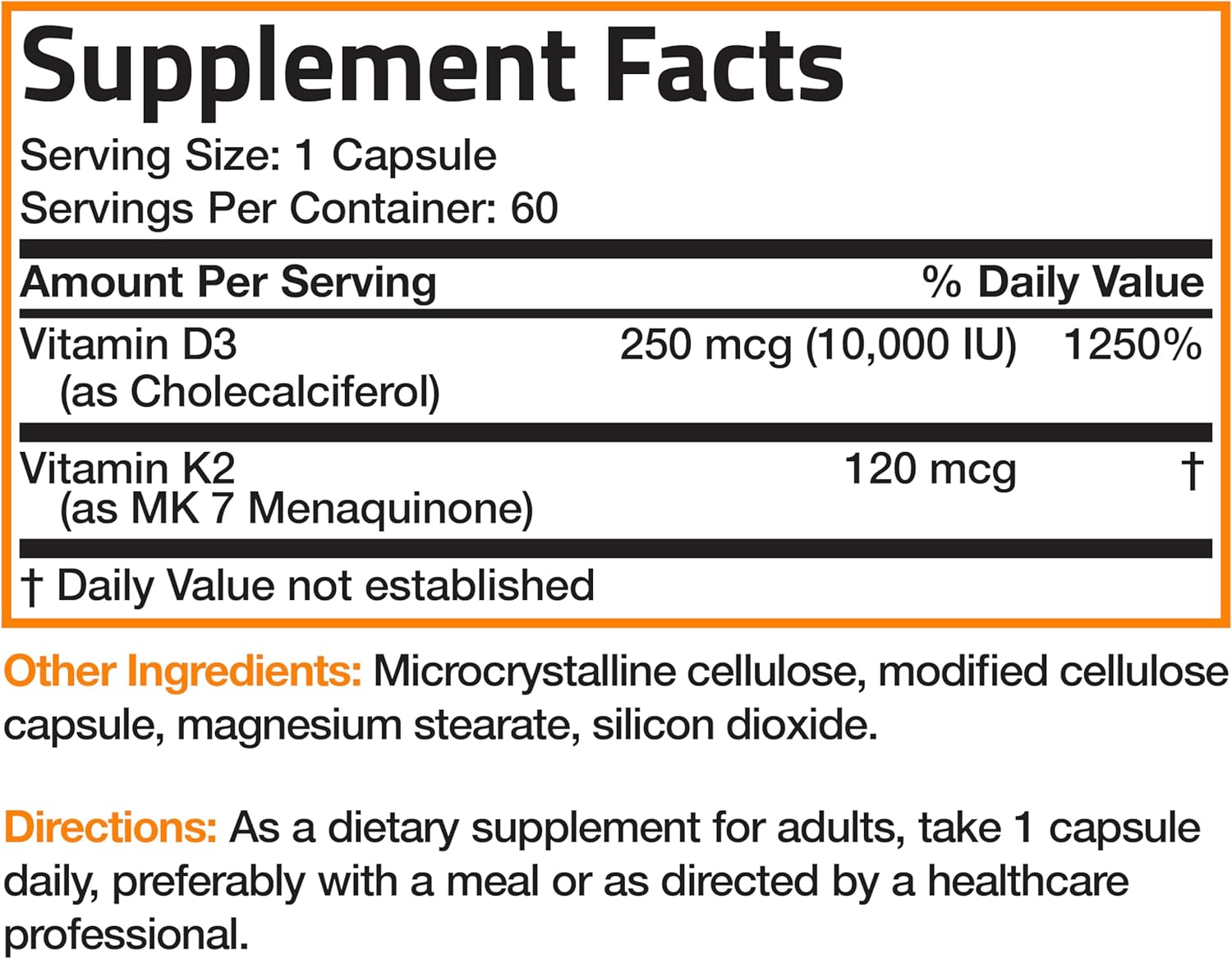 High Potency Bronson Vitamin K2 (MK7) and D3 Bone Health Supplement - Non-GMO Formula with 10,000 IU & 120 mcg MK-7 - 60 Easy-to-Swallow Capsules
