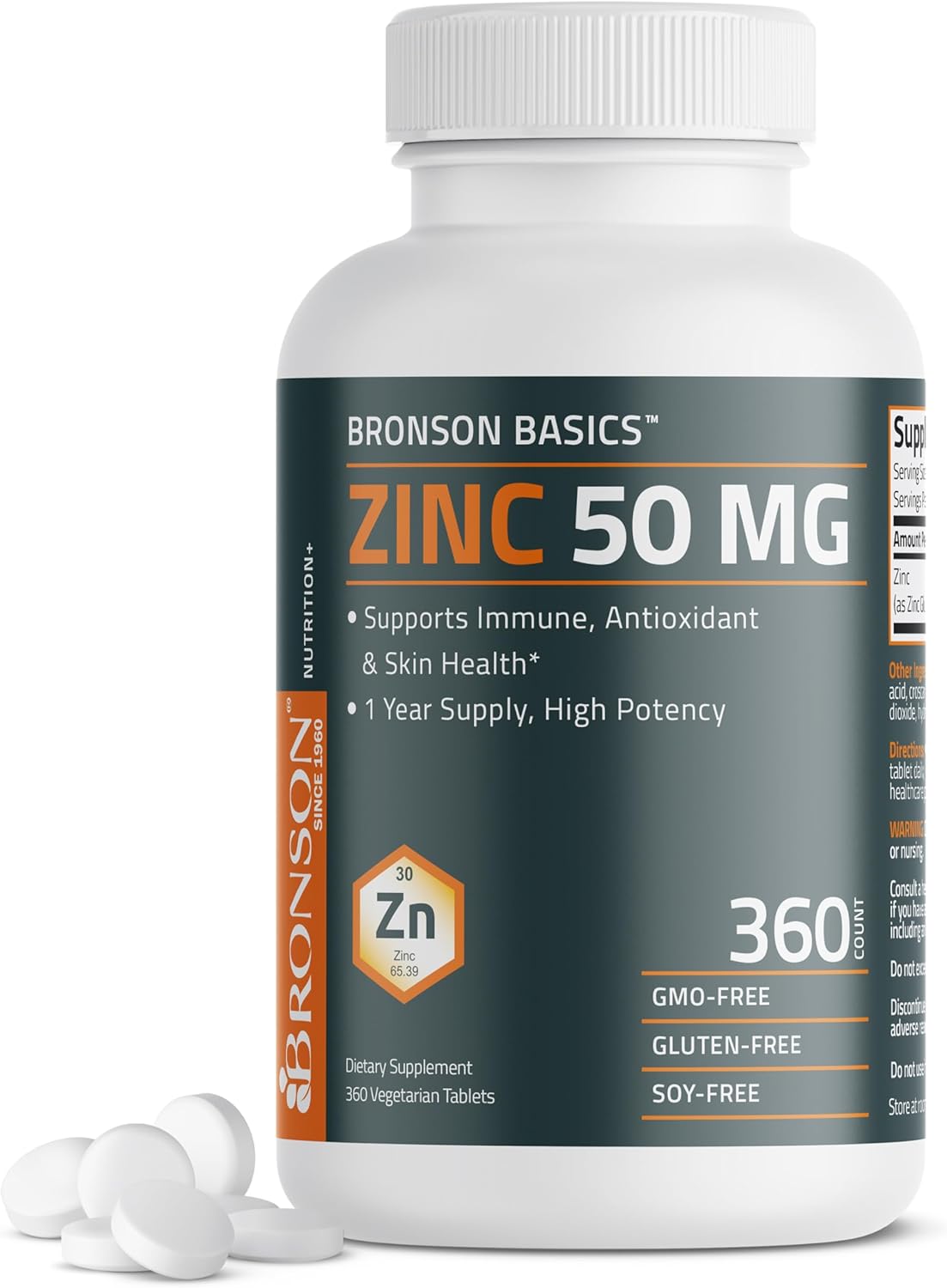 High Potency Bronson Zinc 50 MG: Immune, Antioxidant & Skin Health Support - 1 Year Supply, Non-GMO, 360 Veg Tablets