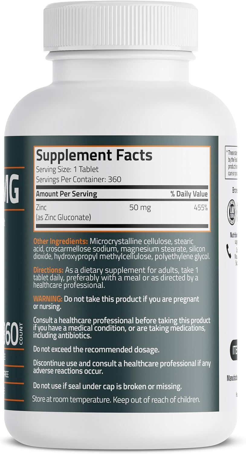 High Potency Bronson Zinc 50 MG: Immune, Antioxidant & Skin Health Support - 1 Year Supply, Non-GMO, 360 Veg Tablets
