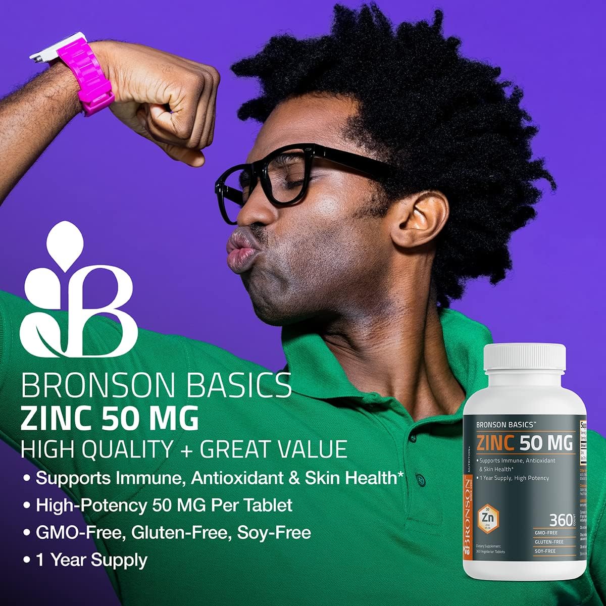 High Potency Bronson Zinc 50 MG: Immune, Antioxidant & Skin Health Support - 1 Year Supply, Non-GMO, 360 Veg Tablets