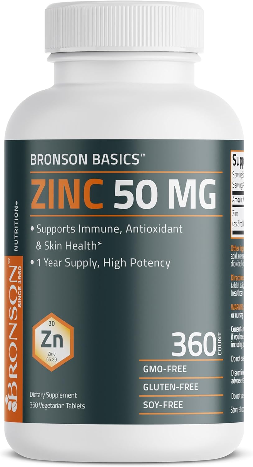 High Potency Bronson Zinc 50 MG: Immune, Antioxidant & Skin Health Support - 1 Year Supply, Non-GMO, 360 Veg Tablets