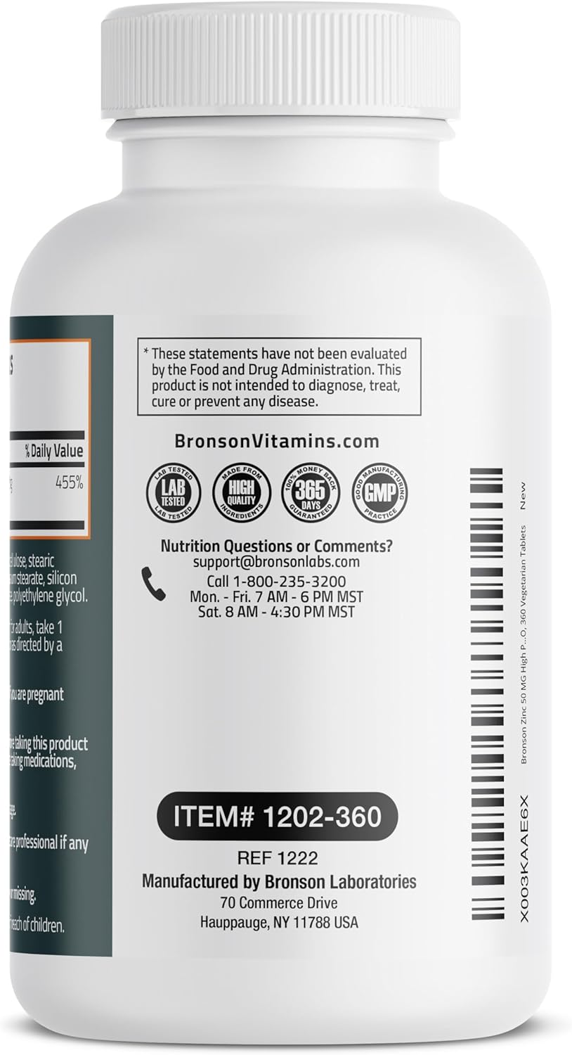 High Potency Bronson Zinc 50 MG: Immune, Antioxidant & Skin Health Support - 1 Year Supply, Non-GMO, 360 Veg Tablets