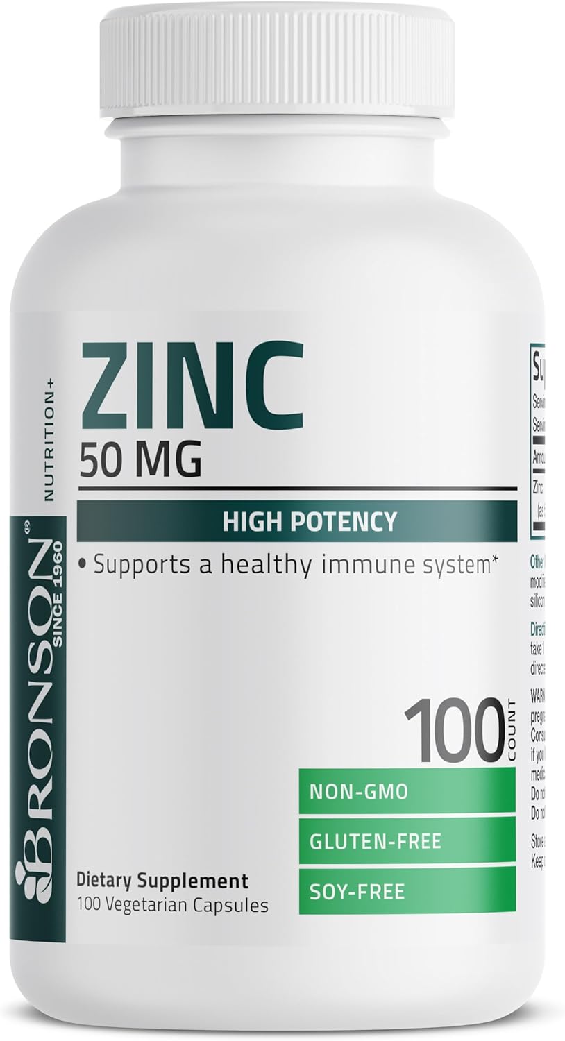 High Potency Bronson Zinc 50mg Complex with Zinc Oxide & Zinc Picolinate - Immune Support & Antioxidant for Skin Health - Non GMO, 100 Veg Caps