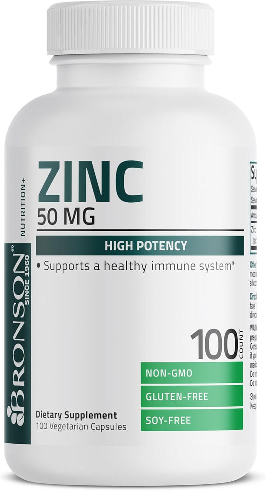 High Potency Bronson Zinc 50mg Complex with Zinc Oxide & Zinc Picolinate - Immune Support & Antioxidant for Skin Health - Non GMO, 100 Veg Caps