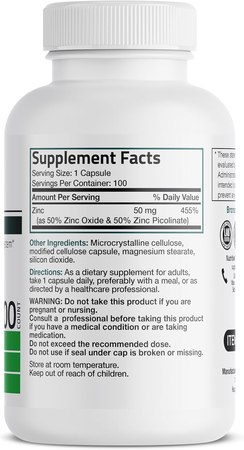 High Potency Bronson Zinc 50mg Complex with Zinc Oxide & Zinc Picolinate - Immune Support & Antioxidant for Skin Health - Non GMO, 100 Veg Caps