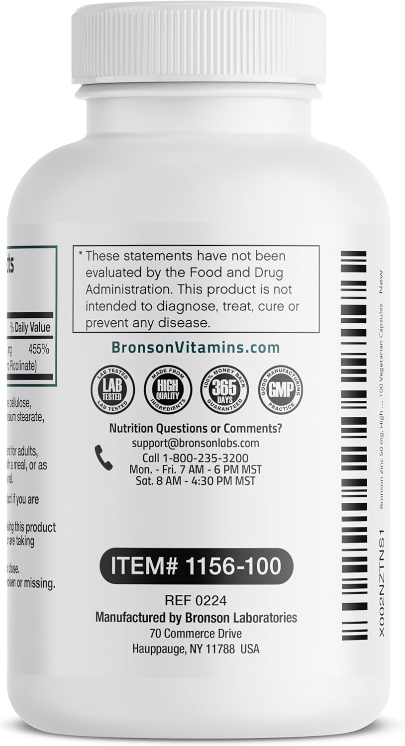 High Potency Bronson Zinc 50mg Complex with Zinc Oxide & Zinc Picolinate - Immune Support & Antioxidant for Skin Health - Non GMO, 100 Veg Caps