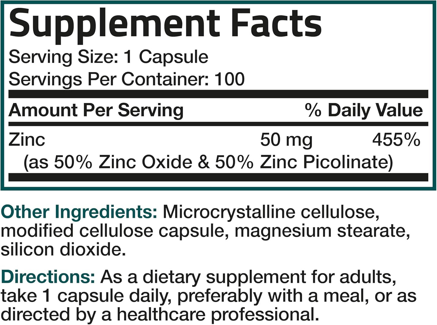 High Potency Bronson Zinc 50mg Complex with Zinc Oxide & Zinc Picolinate - Immune Support & Antioxidant for Skin Health - Non GMO, 100 Veg Caps