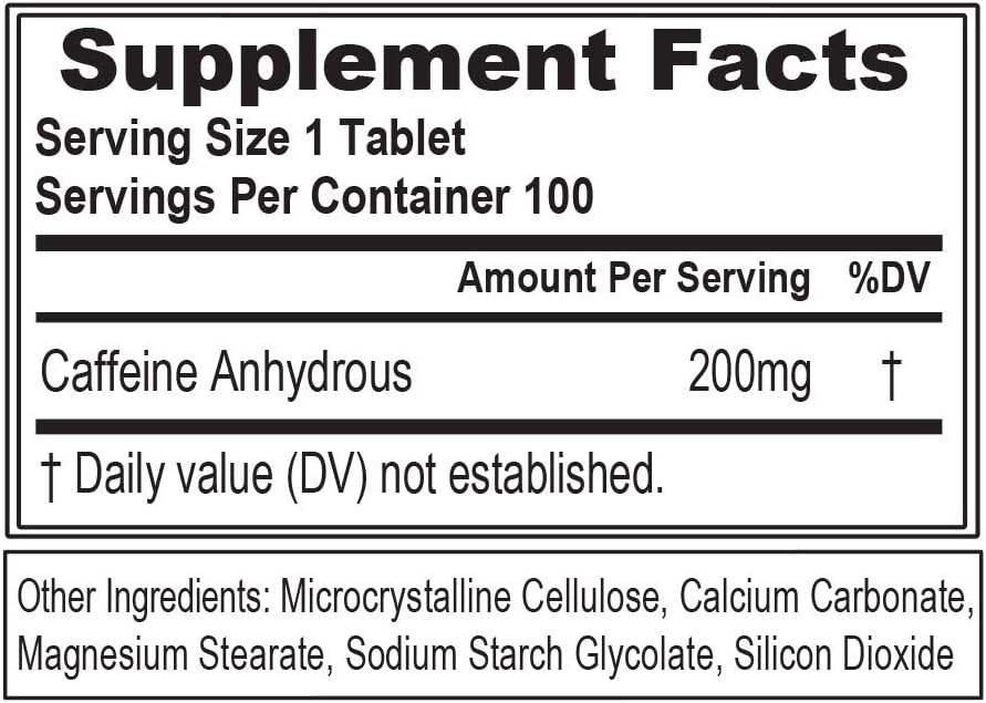 High-Potency Caffeine Tablets for Energy, Focus, and Endurance - 200mg per Serving - Supports Workouts and Productivity - 100 Tablets, 100 Servings