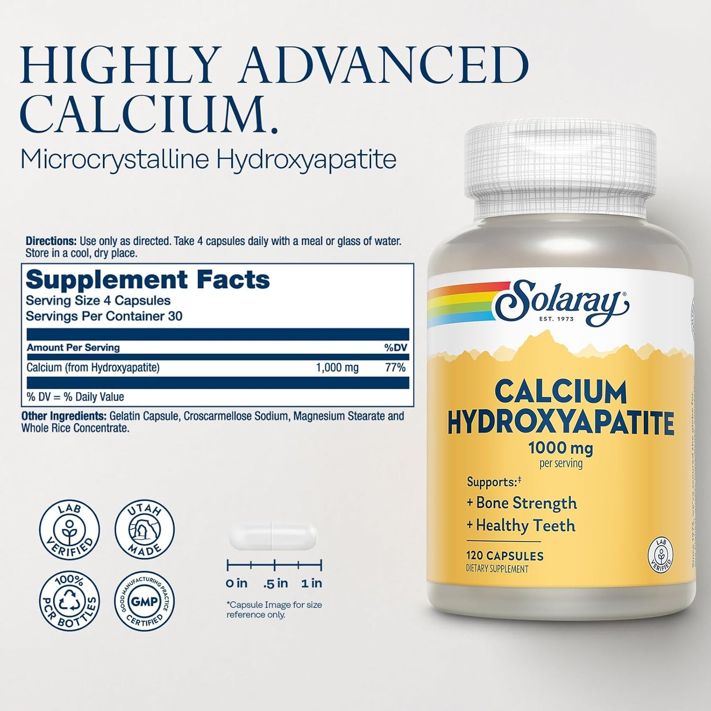 High Potency Calcium Hydroxyapatite Supplement for Bone Strength - 1000mg per Serving - Supports Healthy Teeth - Lab Verified - 60-Day Guarantee - 120 Capsules, 30 Servings