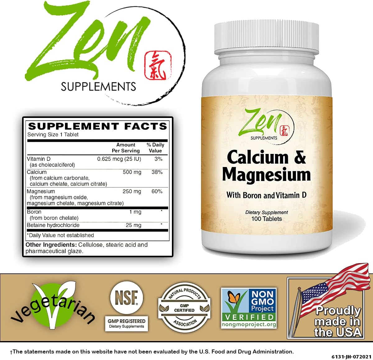 High Potency Calcium & Magnesium with D3, Boron for Bone Health - 100 Tablets by Zen Supplements