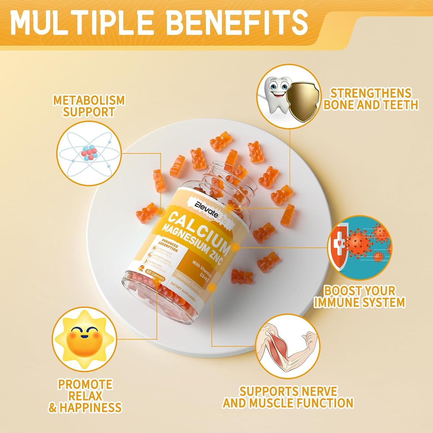High Potency Calcium Magnesium Zinc Gummies with Vitamin D3 & K2 for Enhanced Absorption - 60 Orange Flavored Gummies