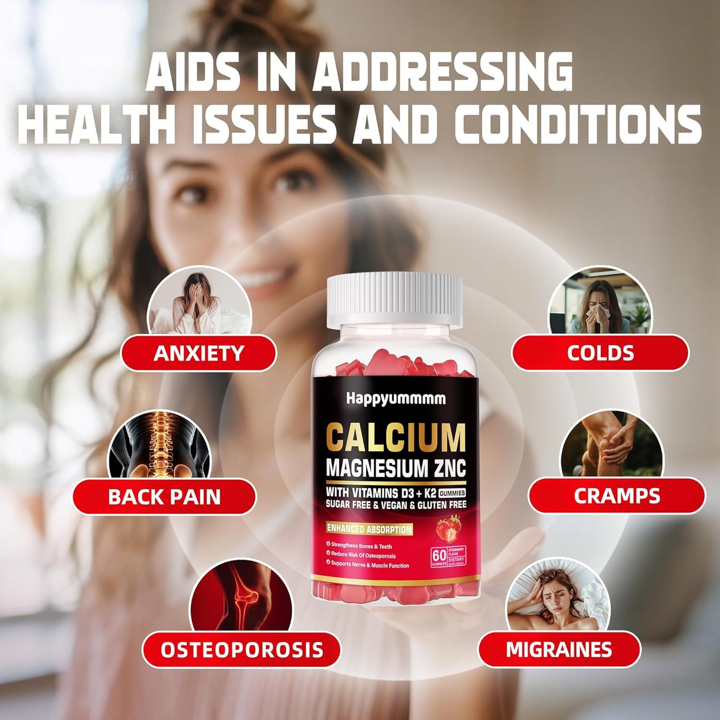 High Potency Calcium Magnesium Zinc Gummies with Vitamin D3 & K2 - 60 Strawberry Flavored Gummies for Enhanced Absorption
