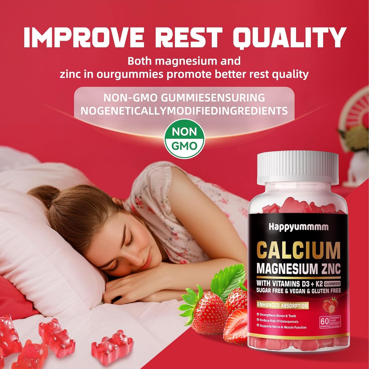 High Potency Calcium Magnesium Zinc Gummies with Vitamin D3 & K2 - 60 Strawberry Flavored Gummies for Enhanced Absorption