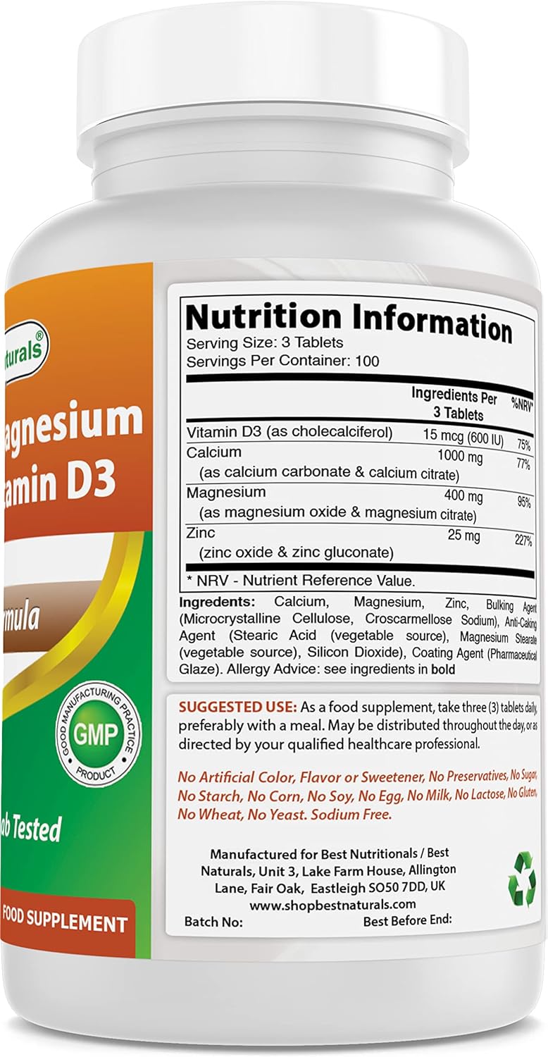 High Potency Calcium Magnesium Zinc Supplement with Vitamin D3 & Vitamin C - 1000 mg