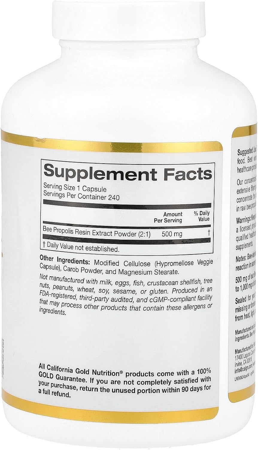 High Potency California Gold Nutrition Bee Propolis Extract, 500mg, Boosts Immune Health & Vitality, 240 Veg Caps