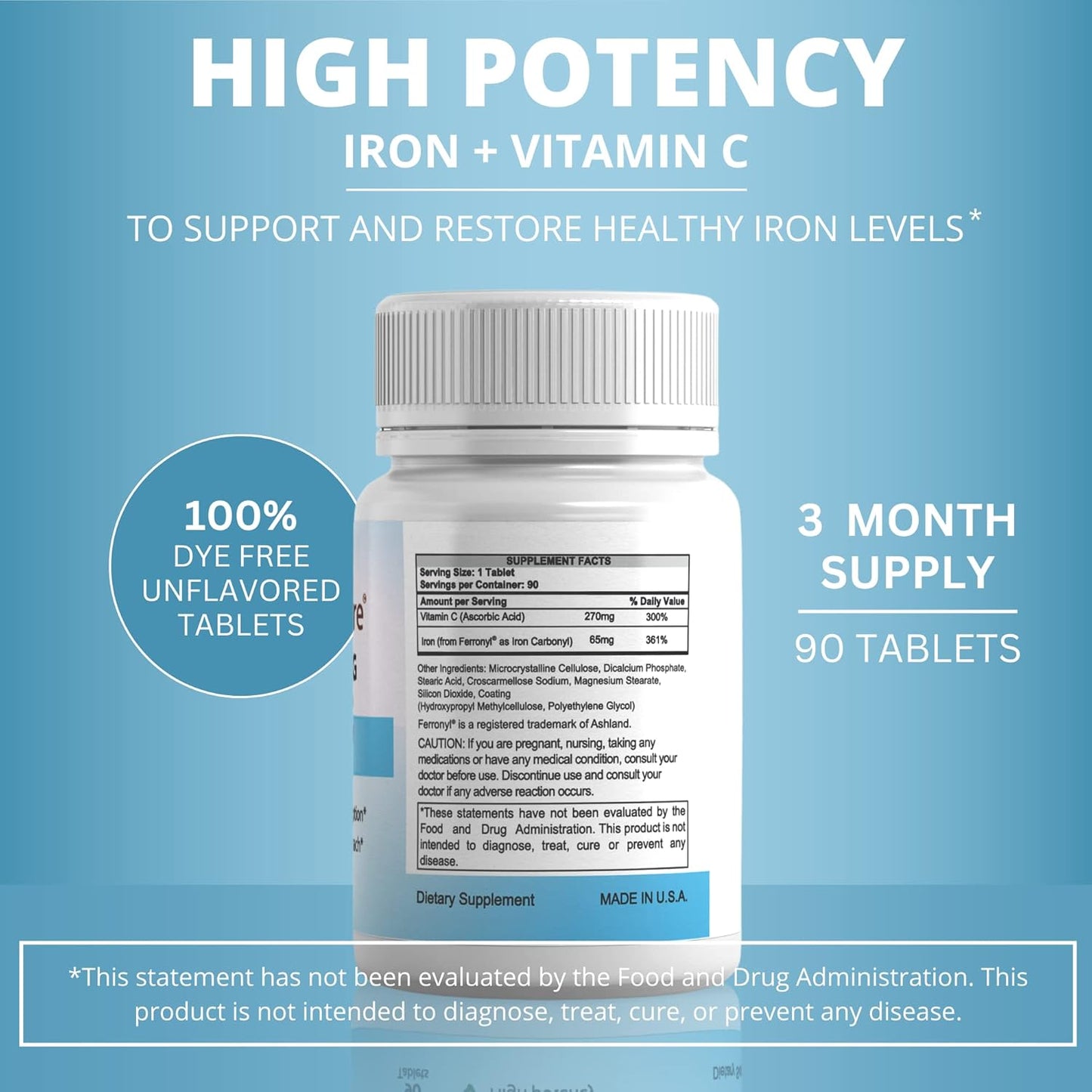 High Potency Carbonyl Iron Tablet with Vitamin C for Women/Men | 90 Day Supply | Bariatric Vitamins for WLS Patients | Dye-Free Iron Supplement