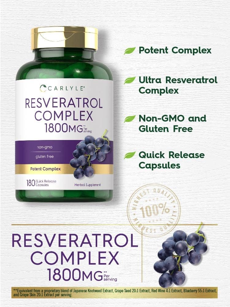 High Potency Carlyle Resveratrol Supplement - 1800mg, 180 Capsules - Non-GMO & Gluten Free Formula
