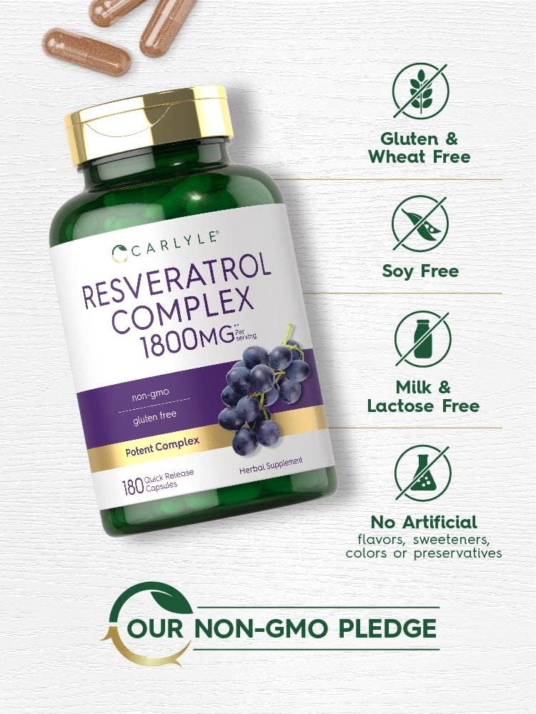 High Potency Carlyle Resveratrol Supplement - 1800mg, 180 Capsules - Non-GMO & Gluten Free Formula