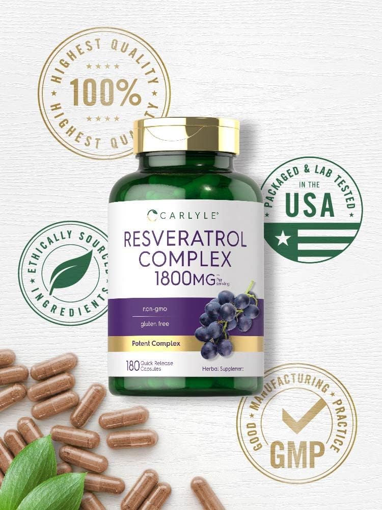 High Potency Carlyle Resveratrol Supplement - 1800mg, 180 Capsules - Non-GMO & Gluten Free Formula