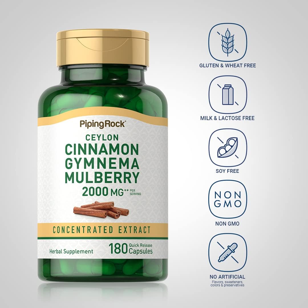 High Potency Ceylon Cinnamon Gymnema Mulberry Complex Capsules - 2000mg, 180ct - Herbal Supplement with Concentrated Extracts - Non-GMO, Gluten Free