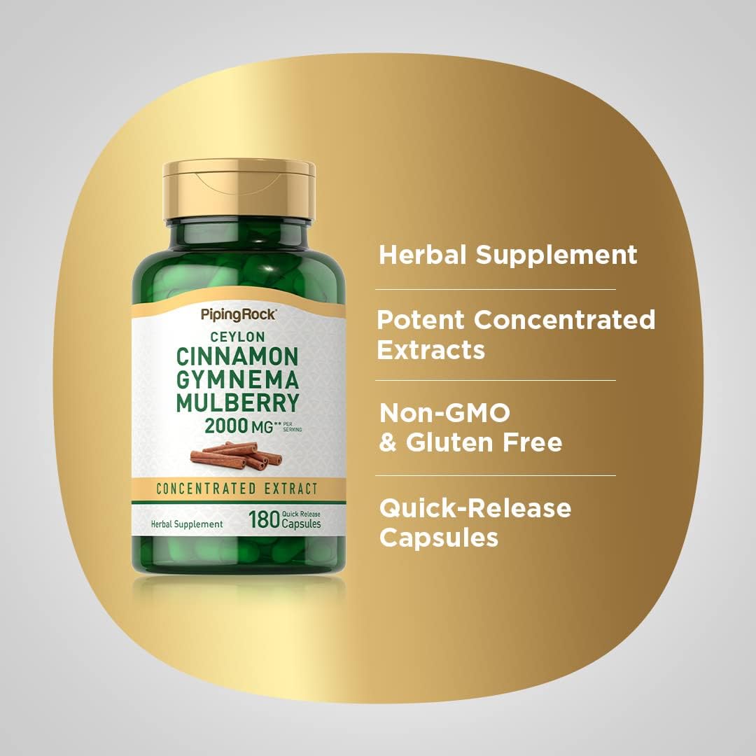 High Potency Ceylon Cinnamon Gymnema Mulberry Complex Capsules - 2000mg, 180ct - Herbal Supplement with Concentrated Extracts - Non-GMO, Gluten Free