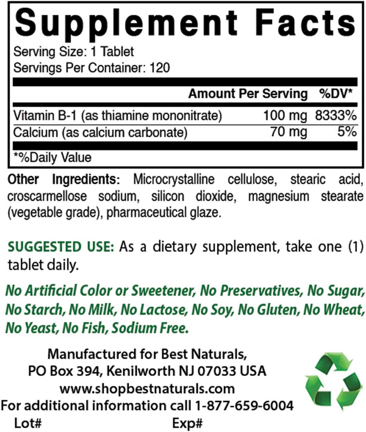 High Potency Choline Bitartrate 650mg with Vitamin B1 100mg for Cognitive Support