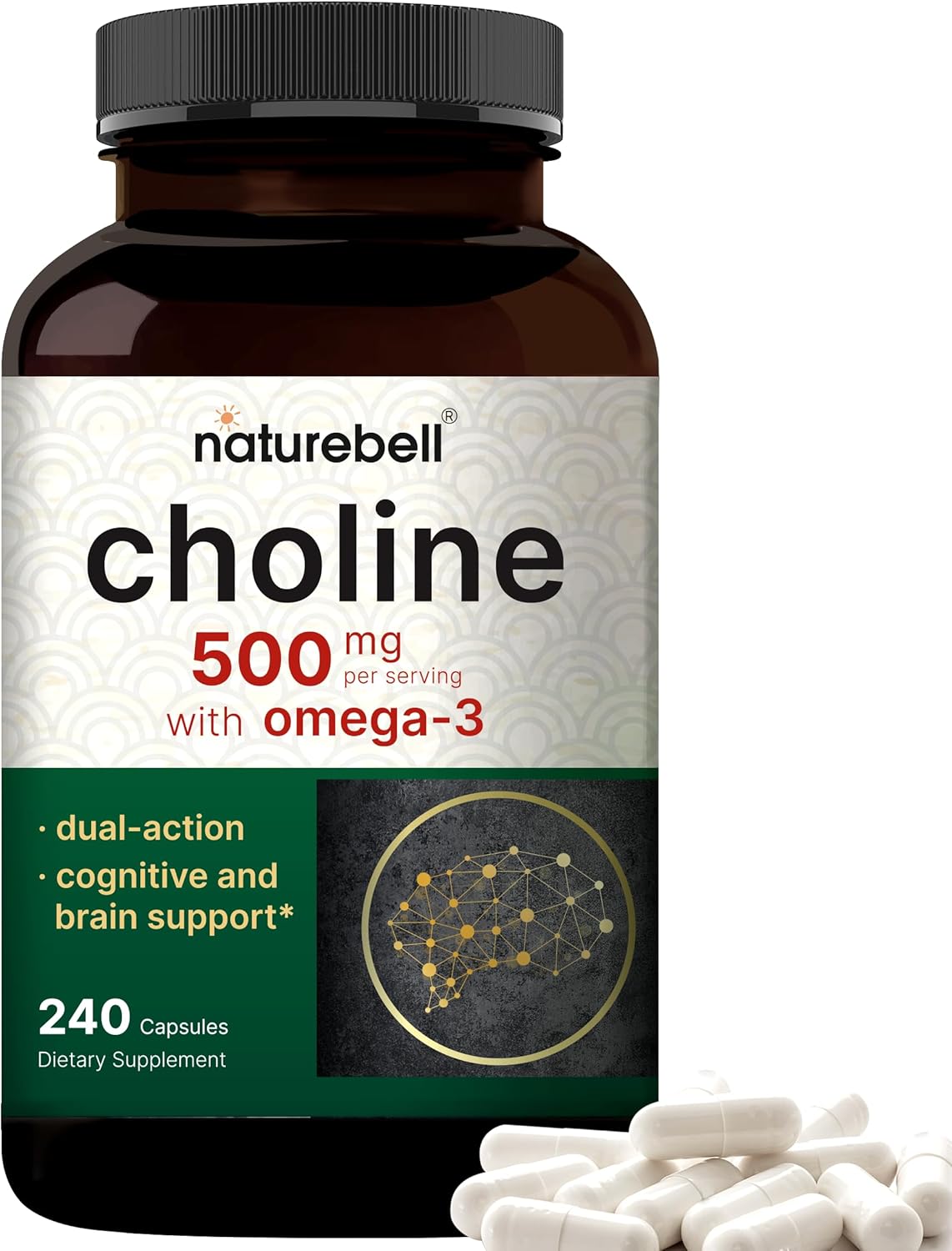 High Potency Choline Bitartrate with Omega-3 Fatty Acids | Prenatal Support Capsules for Pregnancy - Promotes Energy, Liver, Brain, and Cognitive Health - 240 Count