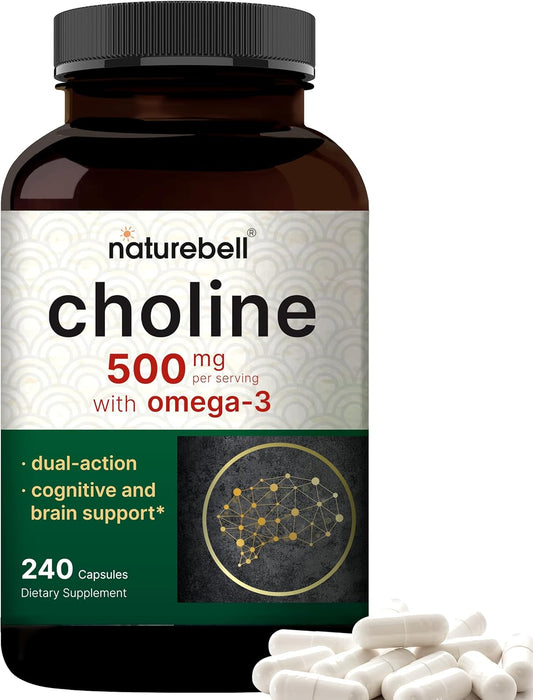 High Potency Choline Bitartrate with Omega-3 Fatty Acids | Prenatal Support Capsules for Pregnancy - Promotes Energy, Liver, Brain, and Cognitive Health - 240 Count