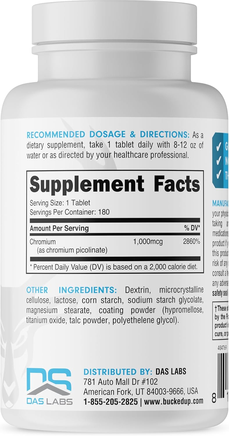 High Potency Chromium Picolinate 1000mcg, Bucked Up Essentials - 180 Tablets (180 Servings)