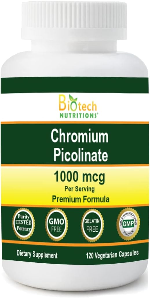 High Potency Chromium Picolinate Supplement - 1000 MCG per Serving - 120 Vegetable Capsules by Biotech Nutritions