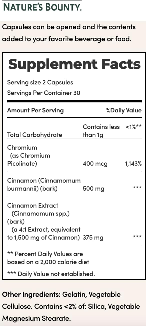 High Potency Cinnamon 2000 with Chromium Capsules - 180 Pills - 3 Pack - Dietary Supplement by Nature's Bounty
